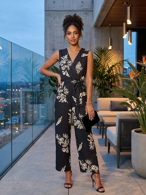 Floral Print V-Neck Sleeveless Jumpsuit - Size XL