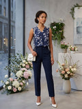 Navy Floral Sleeveless V-Neck Blouse – Excellent Condition