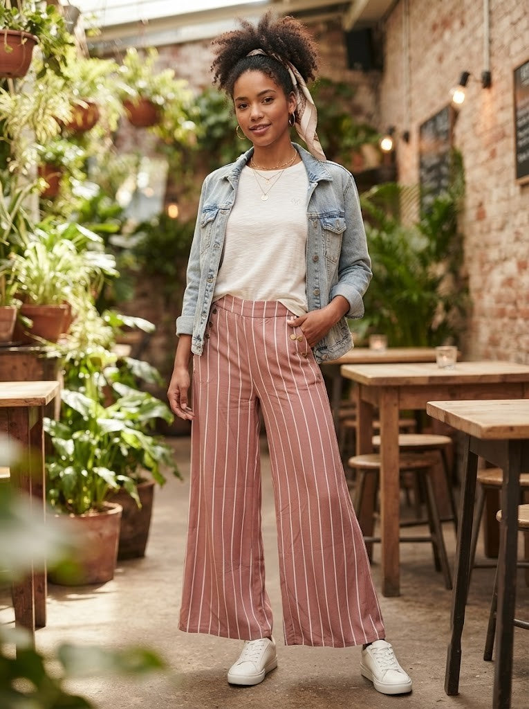 U-Star High-Waisted Striped Wide-Leg Trousers – Dusty Rose – Size XS