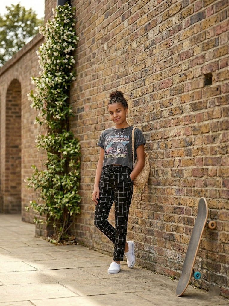 Bloc Trendy Grid-Print Paperbag Waist Pants – Size 13-14 Years
