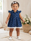 Ackermans Baby Blue Floral Denim Dress with Eyelet Lace 12-18 Months
