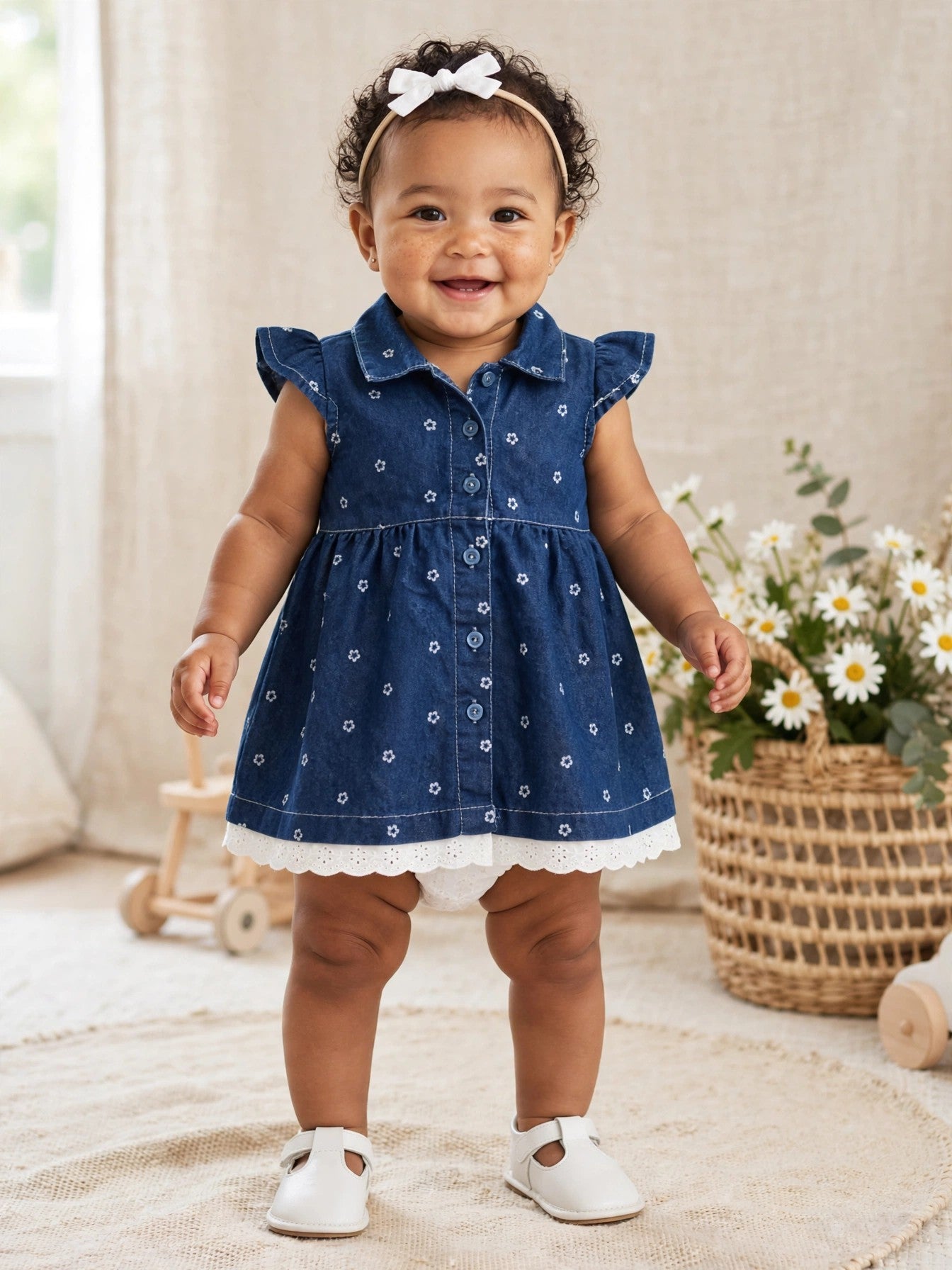 Ackermans Baby Blue Floral Denim Dress with Eyelet Lace 12-18 Months