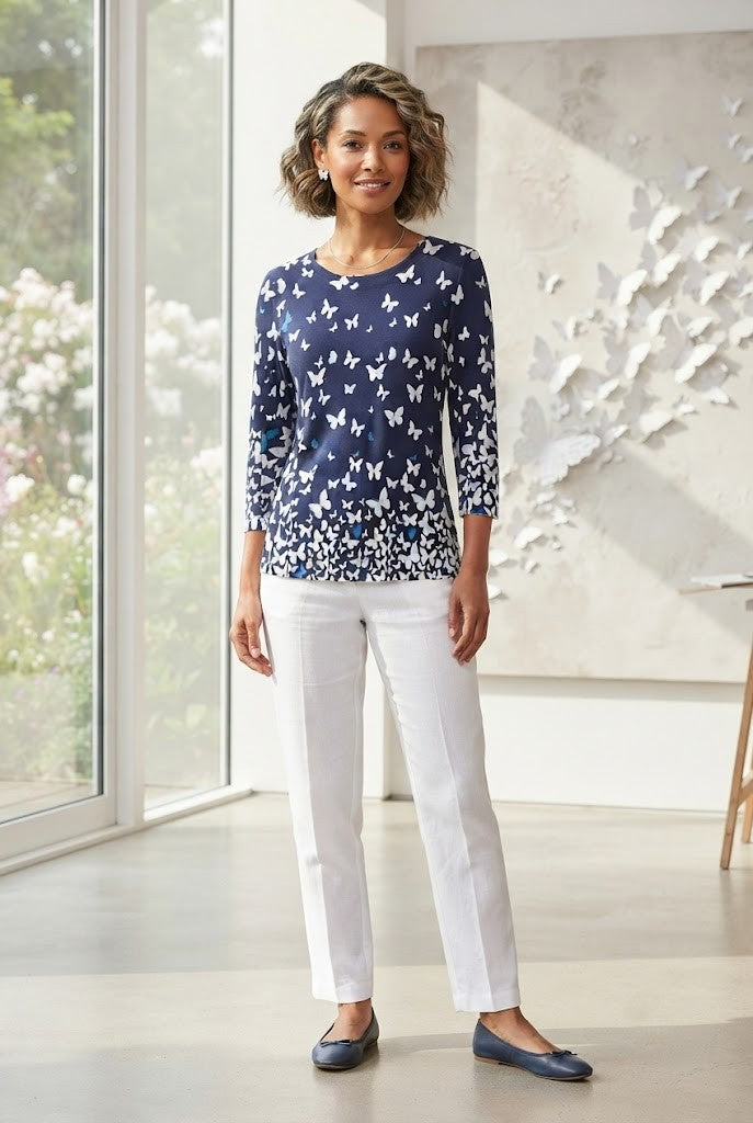 Queenspark Blue Butterfly Print 3/4 Sleeve Blouse - Size Large