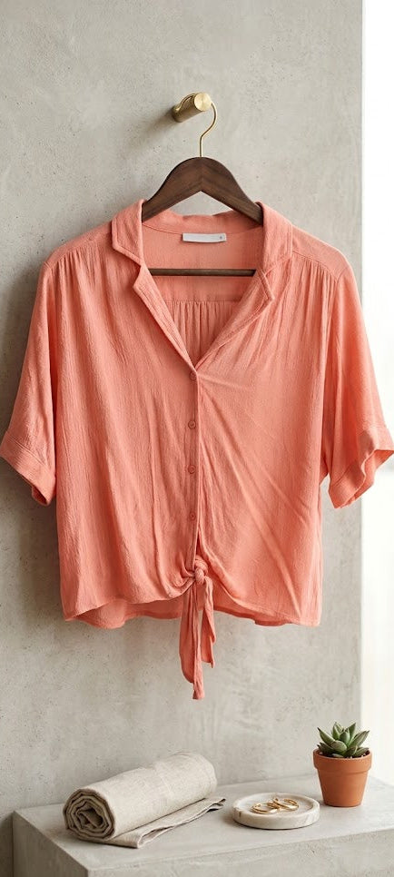 Woolworths Peach Viscose Tie-Front Short Sleeve Shirt