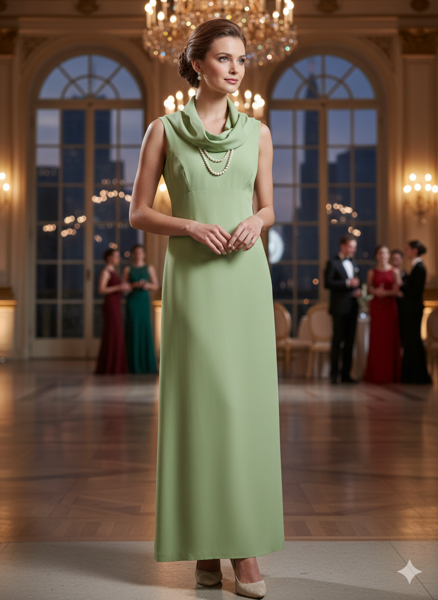 Quintieri Sage Green Cowl-Neck Maxi Dress – Size 6