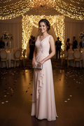 Pebbles Designer V-Neck Ruffled Evening Dress - Blush Pink (Size 10)
