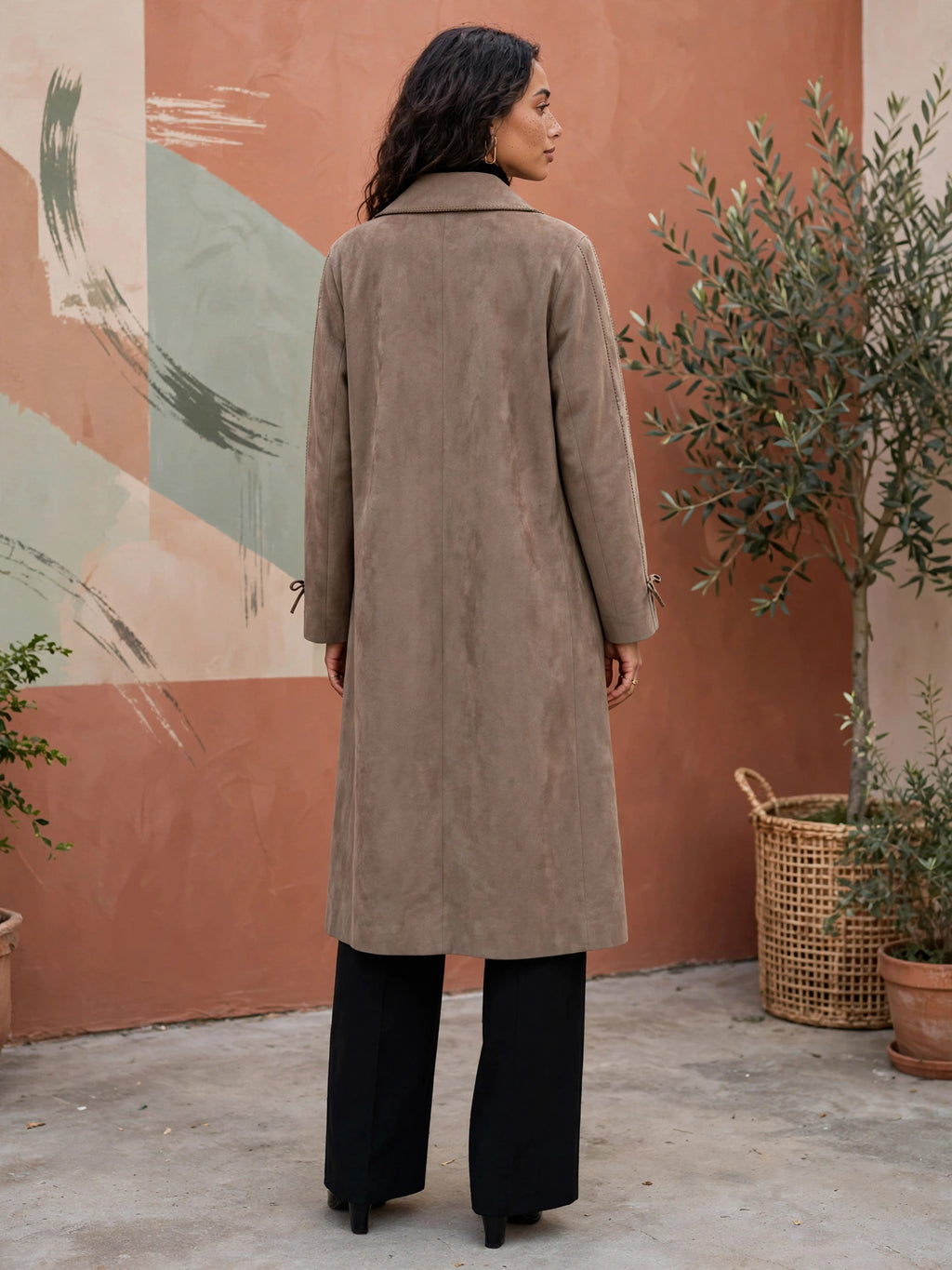 Taupe Faux Suede Long Trench Coat - Size 42