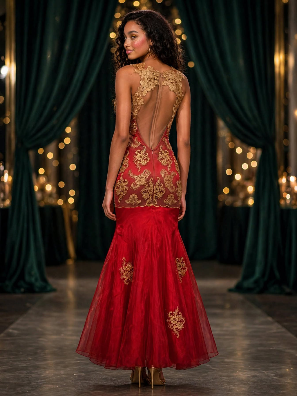 Red & Gold Mermaid Matric Dance Gown - Size Small