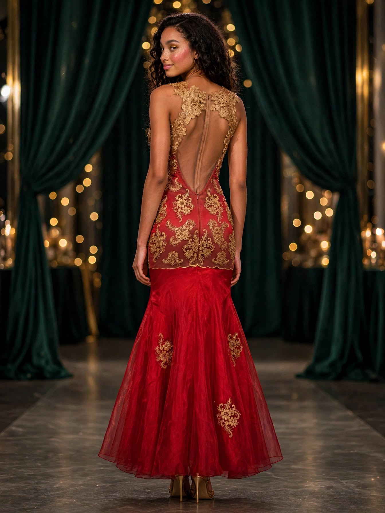 Red & Gold Mermaid Matric Dance Gown - Size Small
