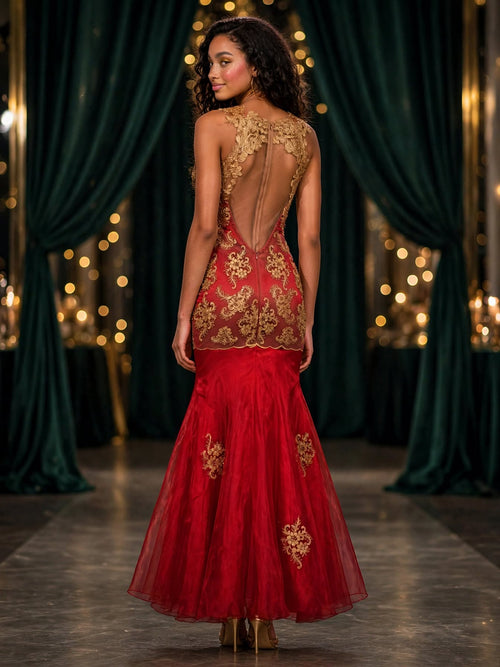 Red & Gold Mermaid Matric Dance Gown - Size Small