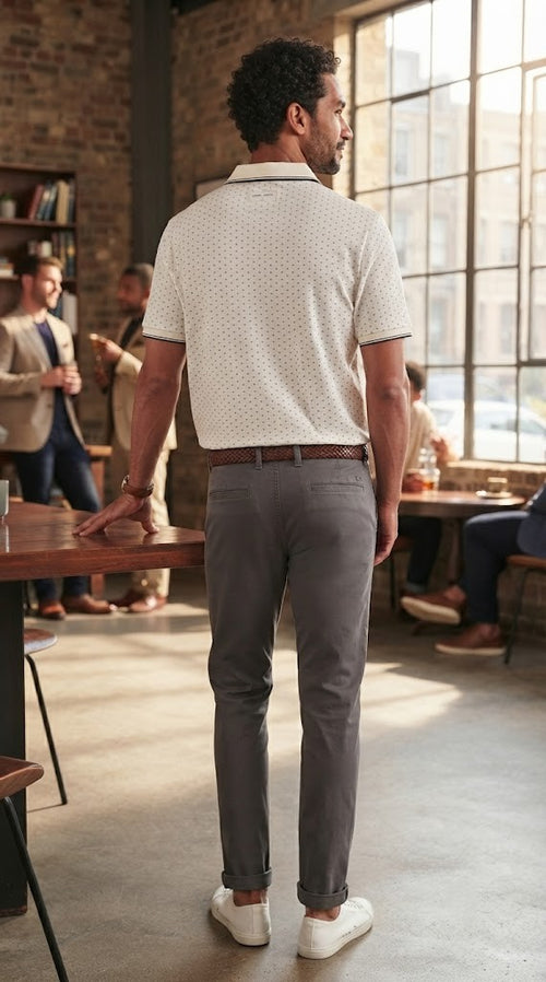 Pre-Loved David Jones Organic Cotton Polo – White with Subtle Pattern, Size L