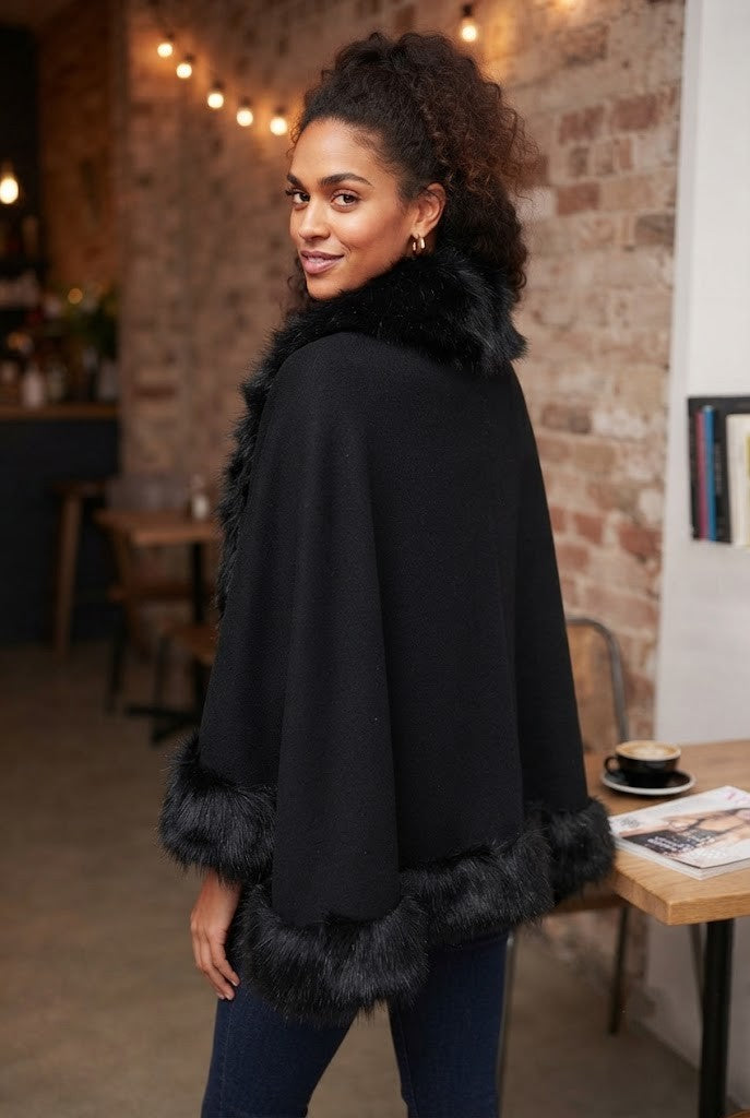 Pre-Loved Elegant Black Faux Fur Trim Shawl - Medium