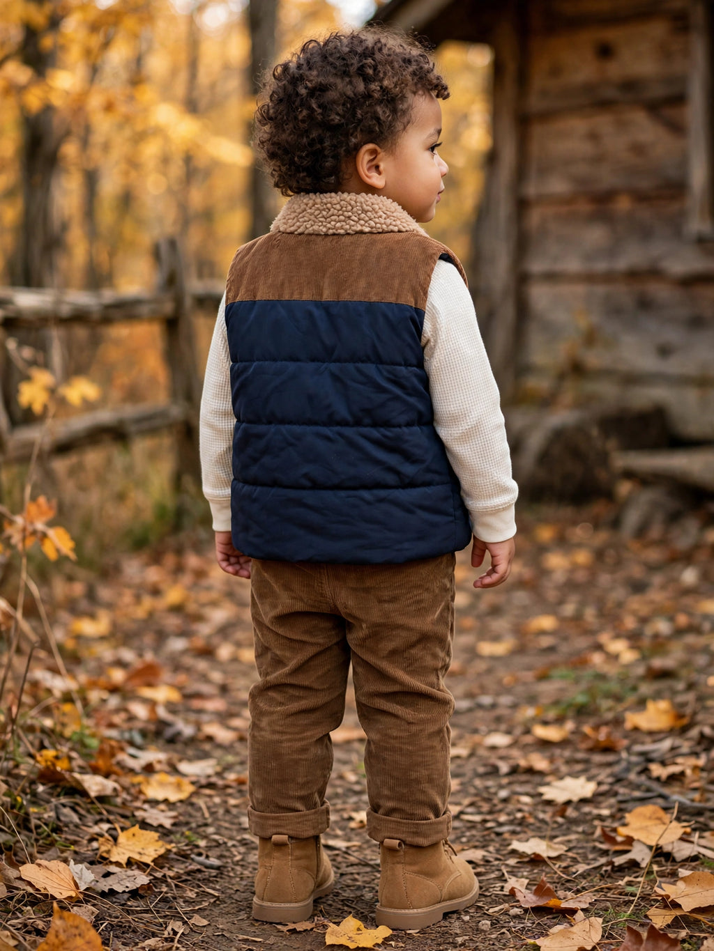 Cuddlesome Navy & Tan Sherpa Corduroy Yoke Puffer Vest - Size 12 to 18 Months