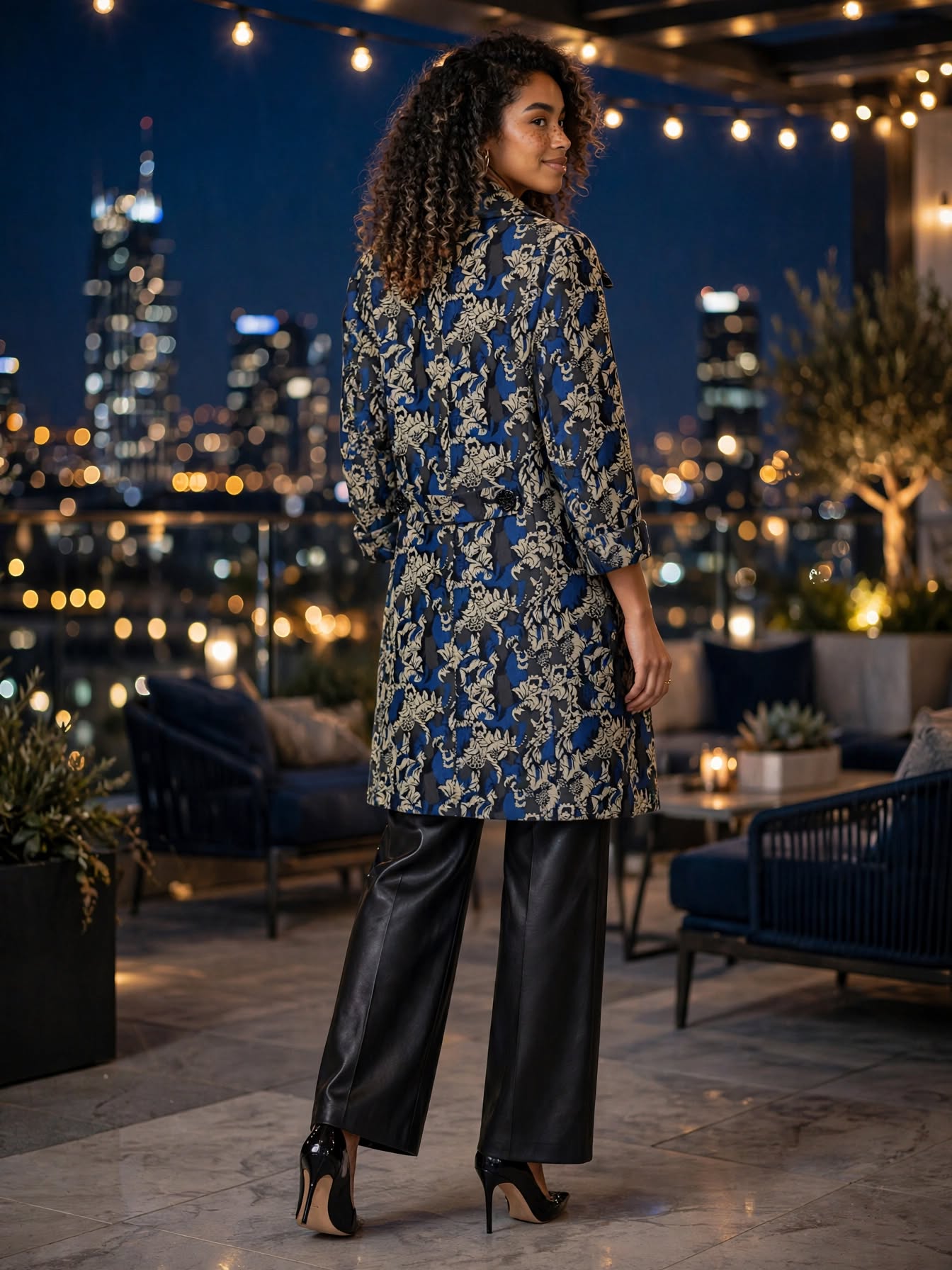 Queenspark Longline Baroque Brocade Blue & Taupe Coat Jacket - Size 36