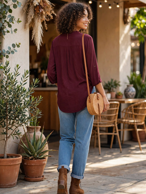 Burgundy Henley Blouse - Size 40