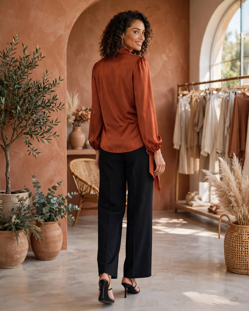 Rust Satin Wrap Blouse - Size Large