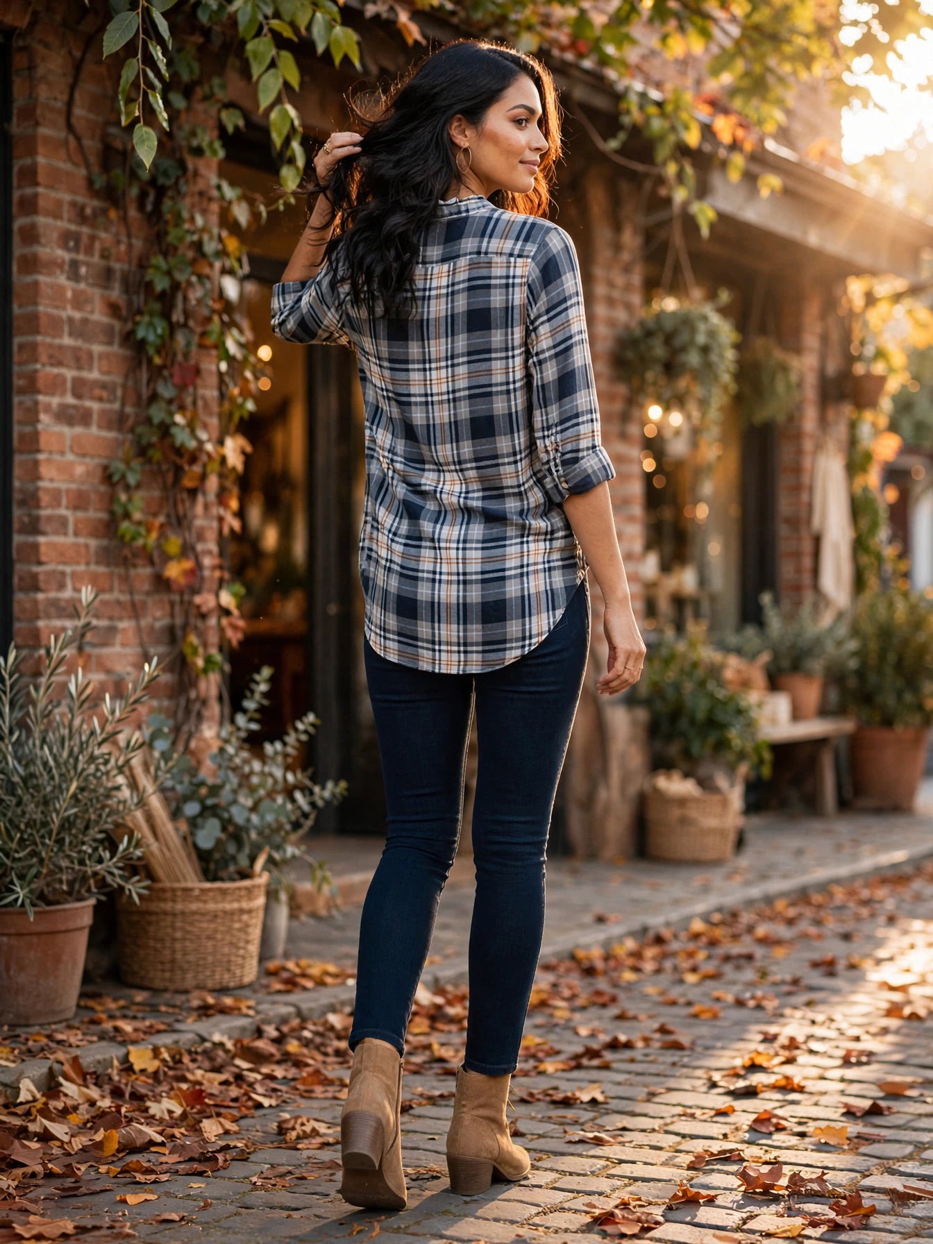 Old Khaki Plaid Ruffle Front Blouse - Size 36