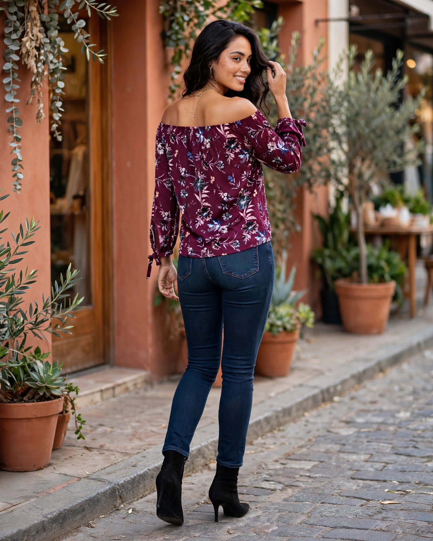 Burgundy Floral Off-Shoulder Blouse with Tie Cuffs | Size 36