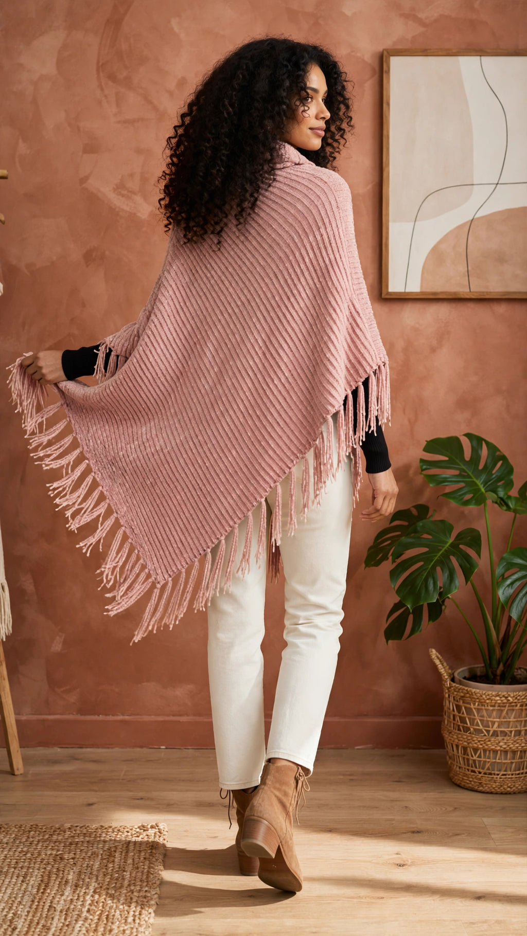 Dusty Pink Chenille Fringe Poncho - Cowl Neck - Size XL