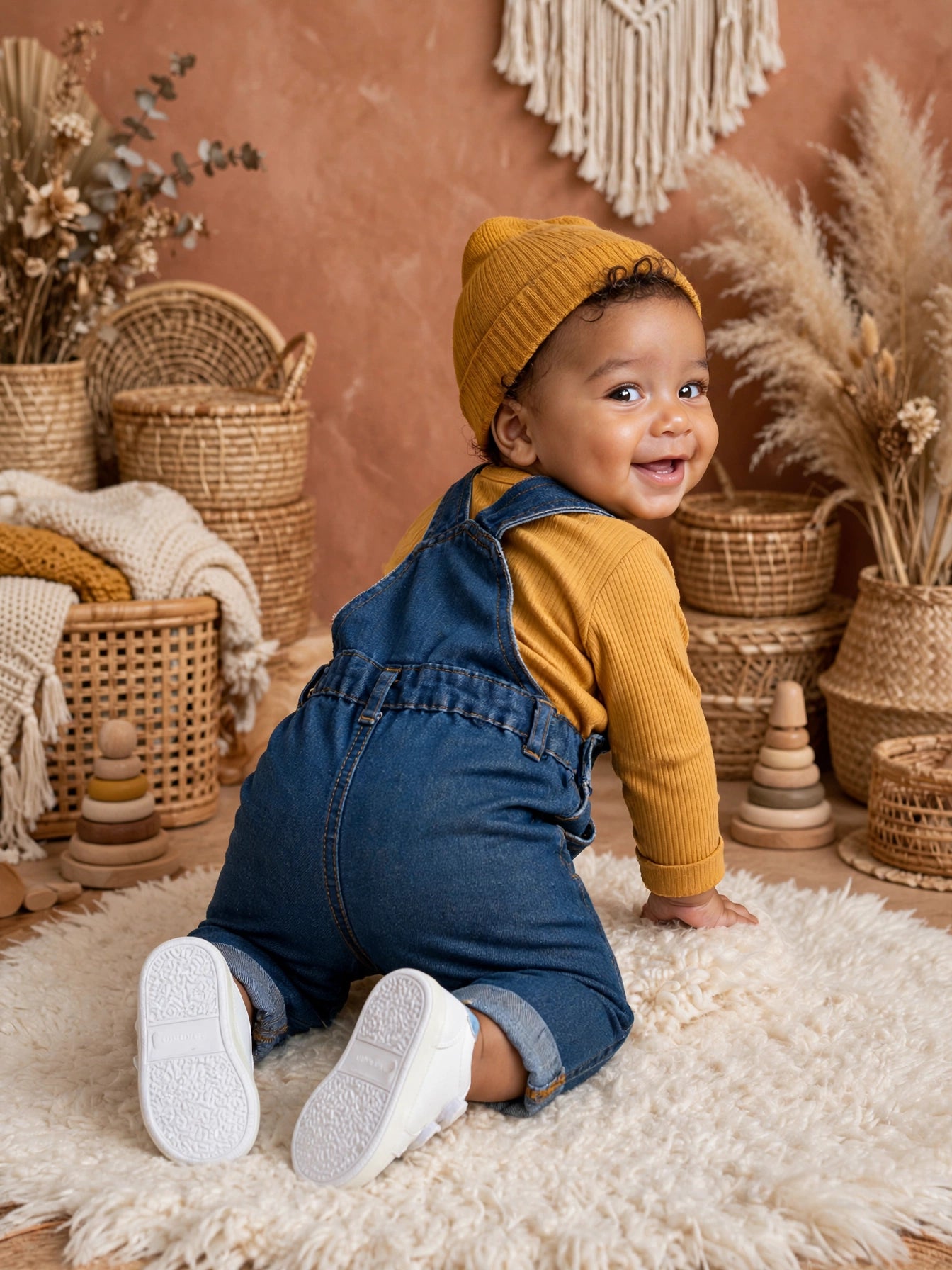 Boho Baby Denim Overalls Jumpsuit - Clicks Unisex Brand - Size 0 to 3 Months