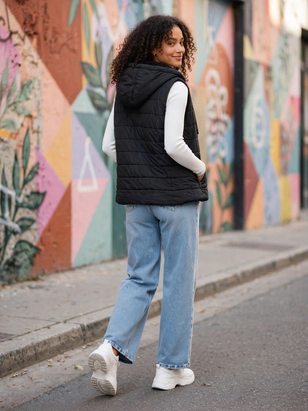 REAL Basics Women's Black Hooded Quilted Puffer Gilet Vest - Size 2XL