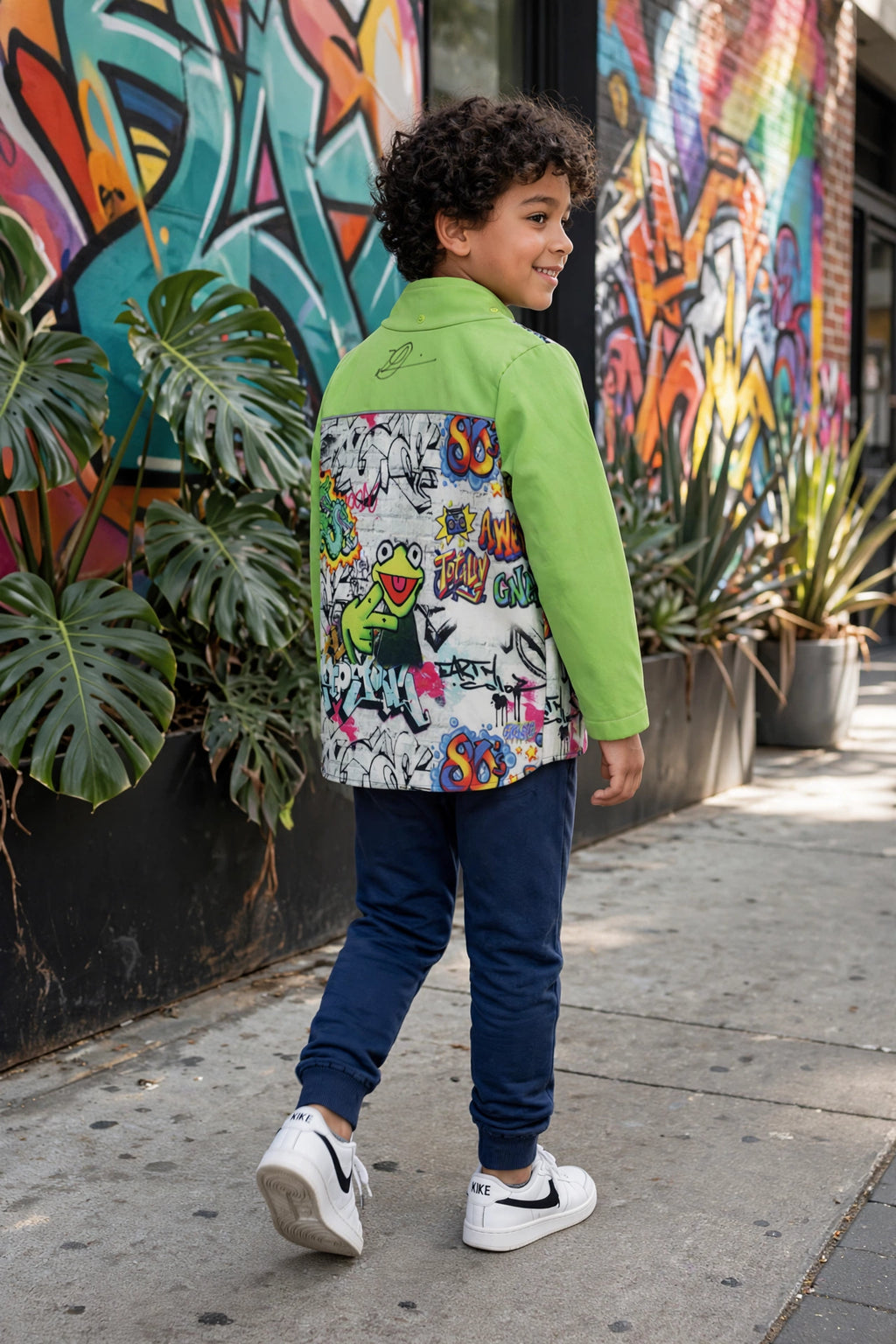Kids Lime Green 80s Graffiti Kermit Softshell Jacket - Size 7 to 8 Years