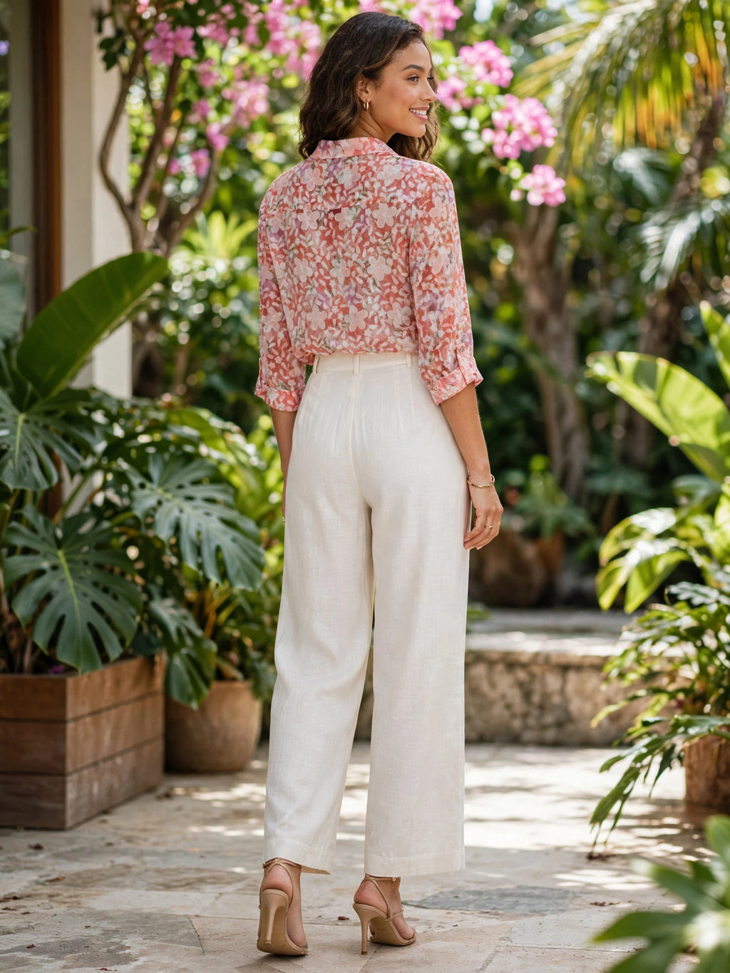 Miladys Coral Pink Floral Sheer Blouse - Size 38