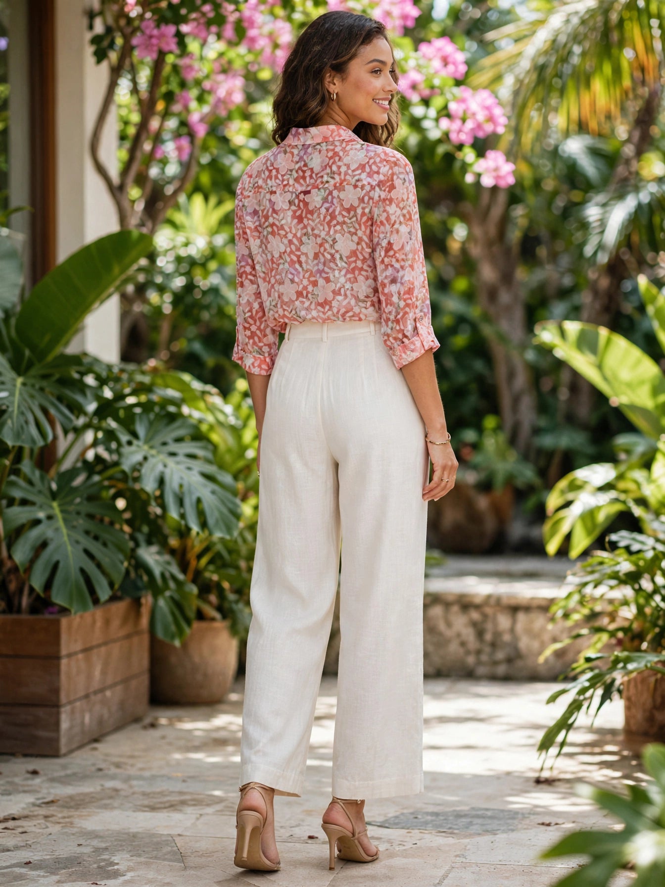 Miladys Coral Pink Floral Sheer Blouse - Size 38