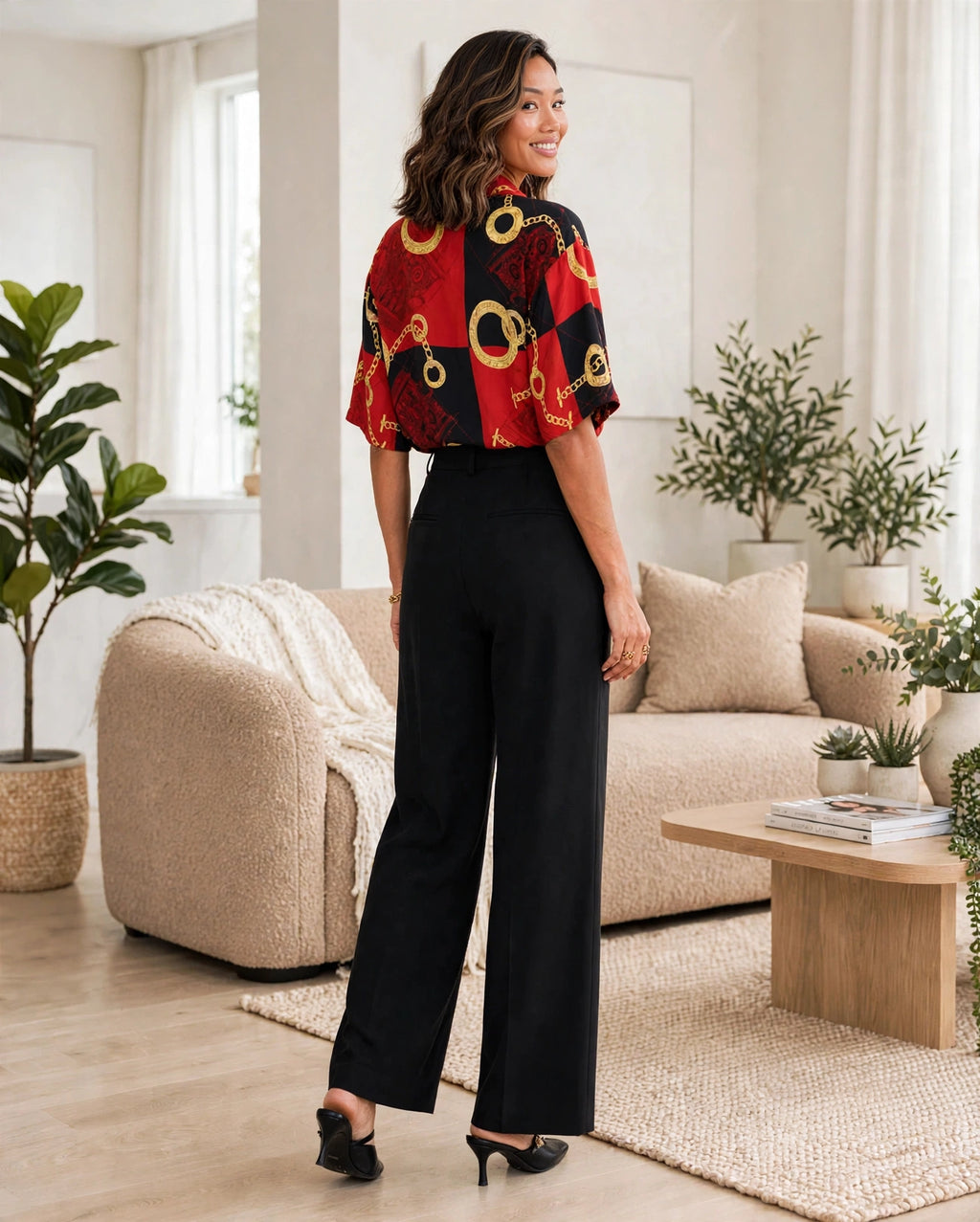 B&W Baroque Red & Black Gold Chain Blouse - Size 3XL