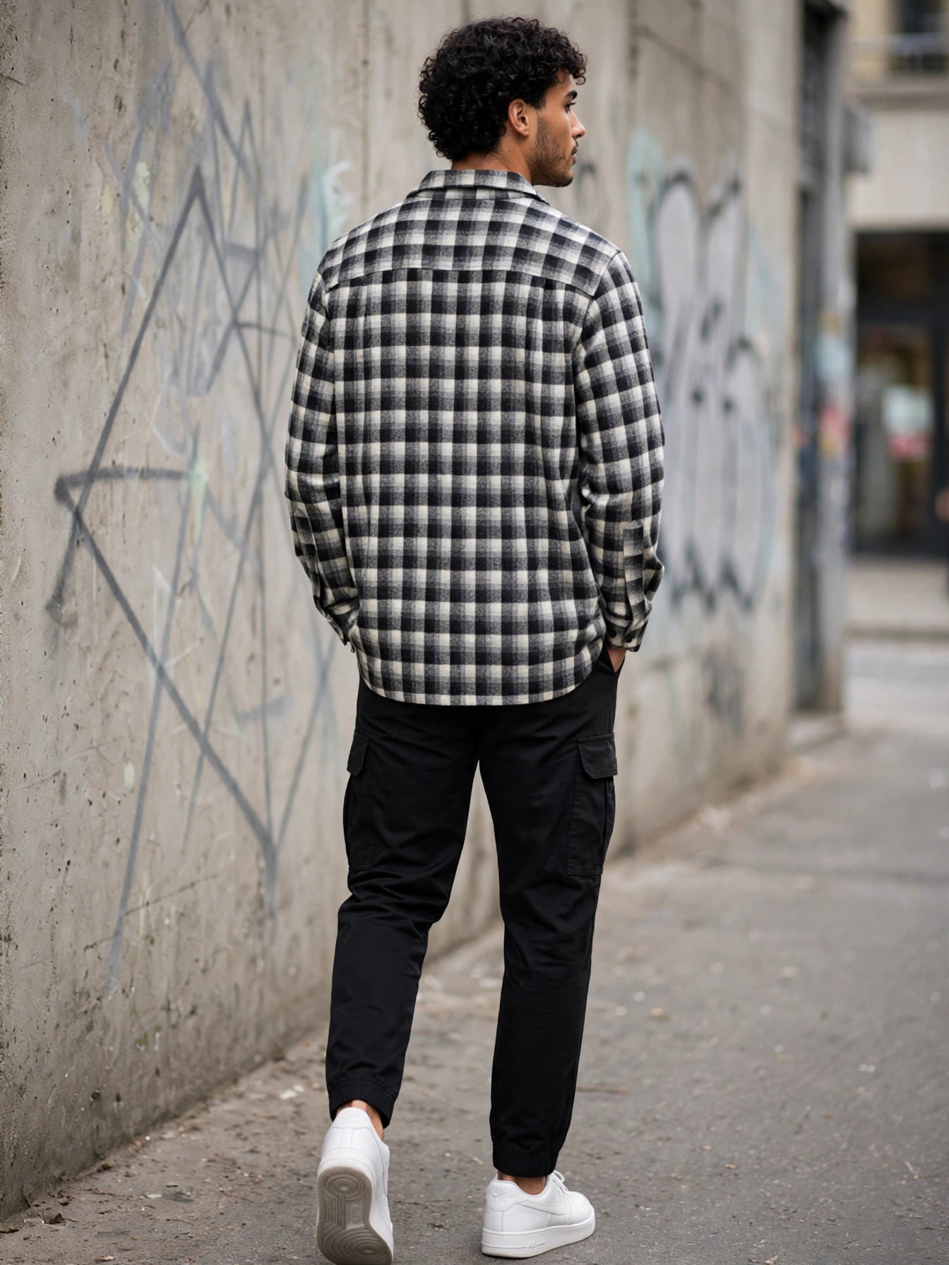 Men's Pendleton Wood Mills Buffalo Checked Black & White Long Sleeve Shirt - Size Medium