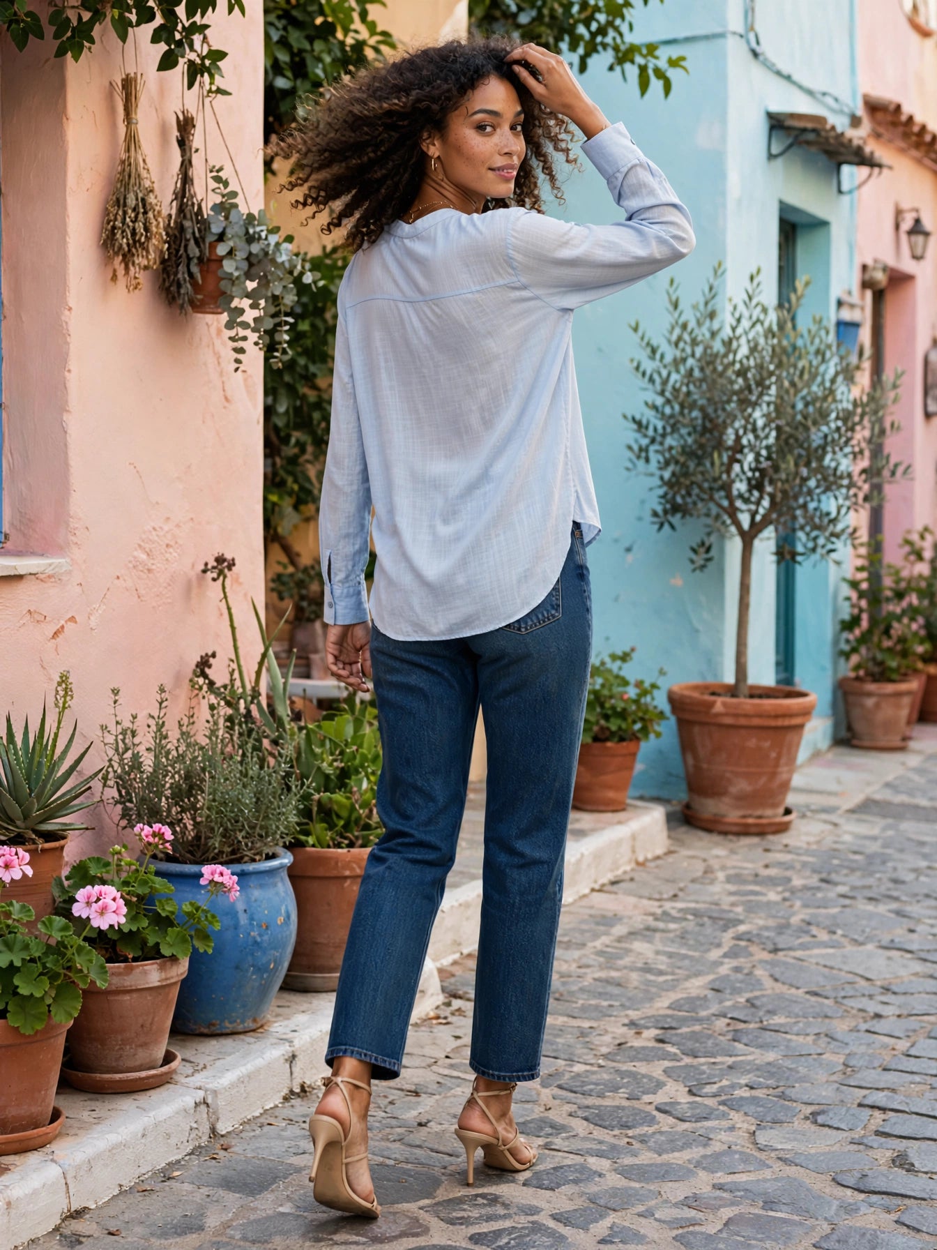 Women Light Blue Chambray Button-Up Cotton Blouse - Size XL