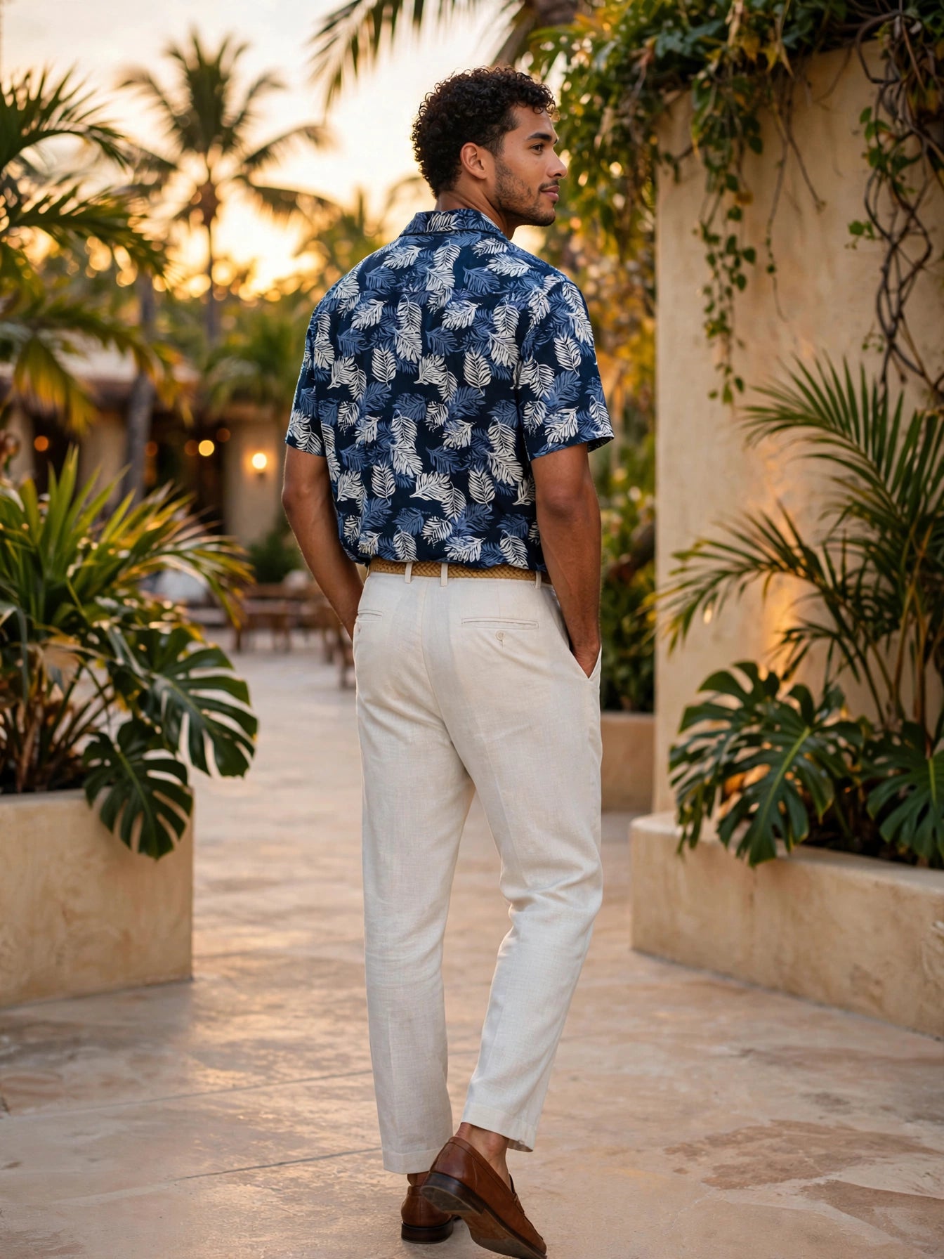 Men's Navy White Stone Harbour Tropical Leaf Print Shirt - Size 2XL