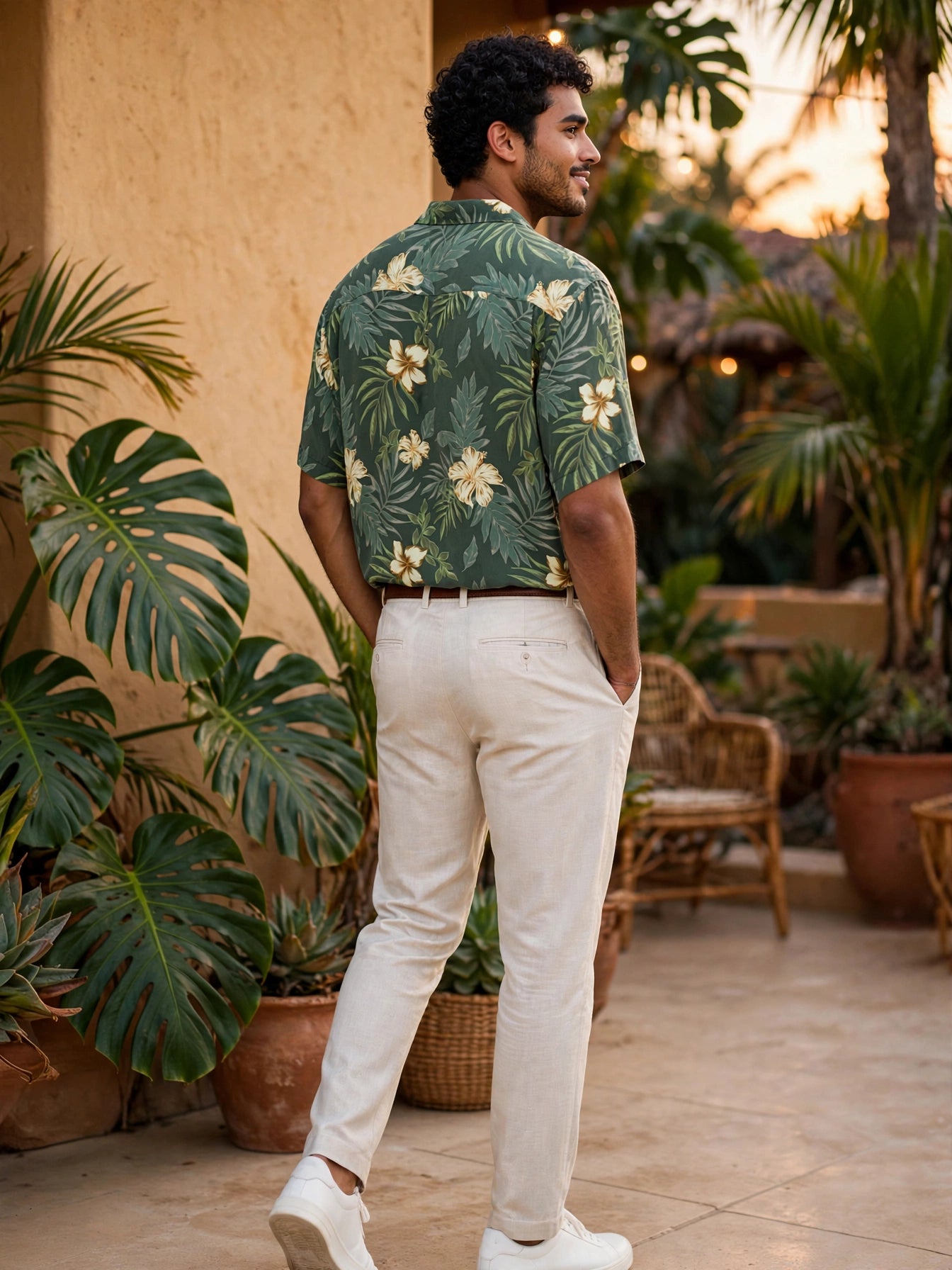 Men's Green & Gold Hibiscus Blue Harbour Tropical Silk Shirt - Size Large