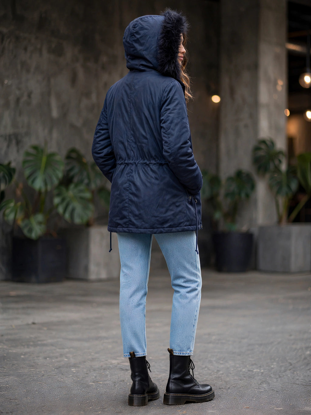 Navy Parka Exact Jacket with Faux Fur Hood - Size 36