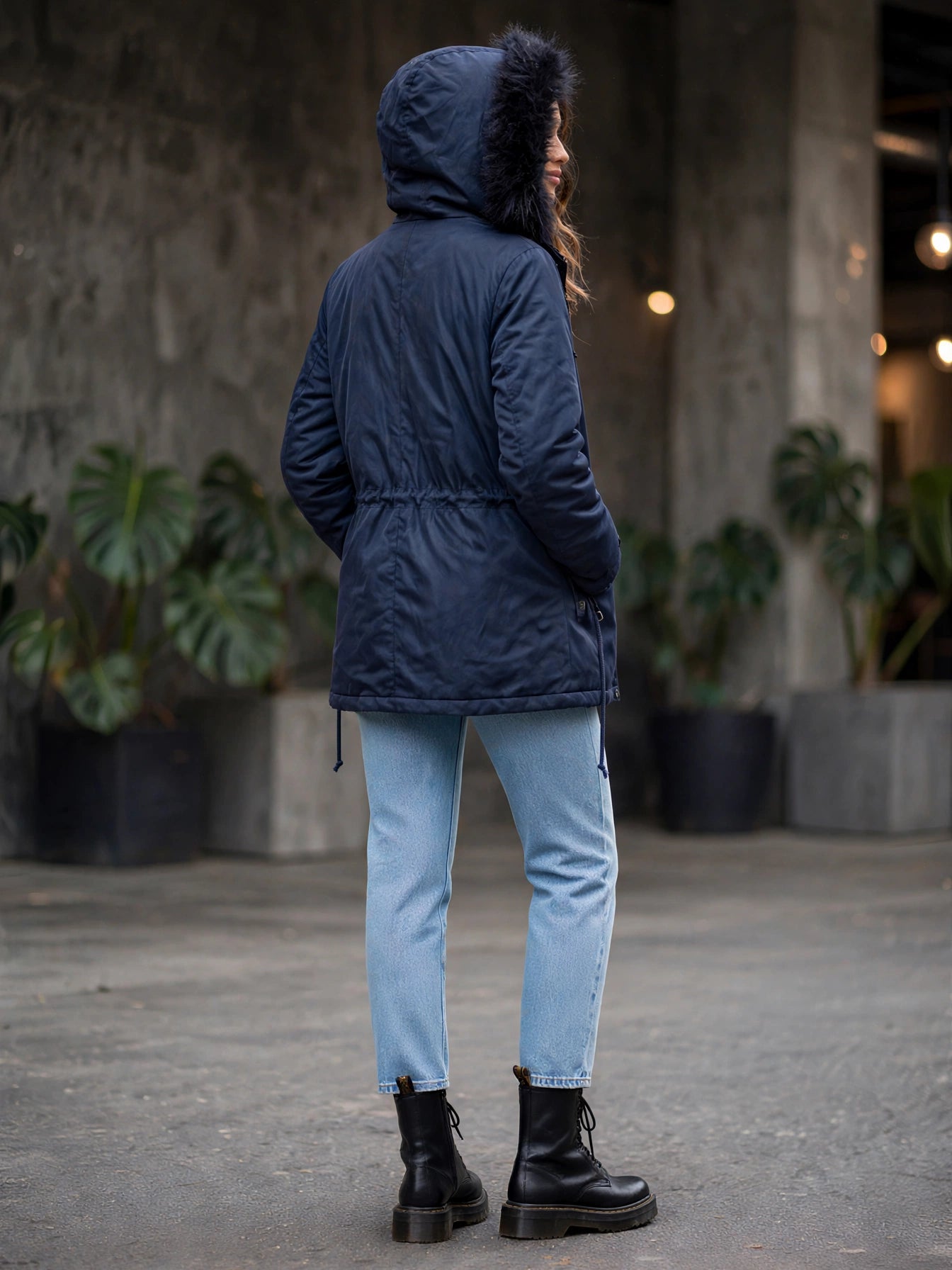 Navy Parka Exact Jacket with Faux Fur Hood - Size 36