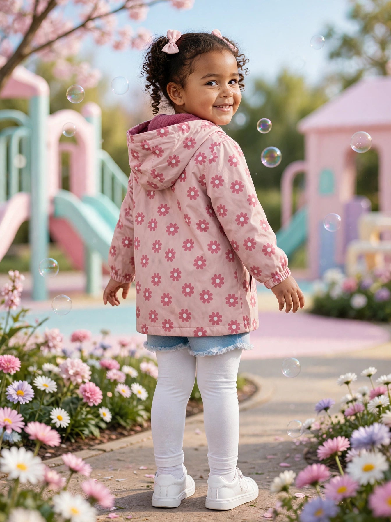 Naartjie Girls Pink Daisy Fleece-Lined Hood Rain Jacket - Size 3-4 Years