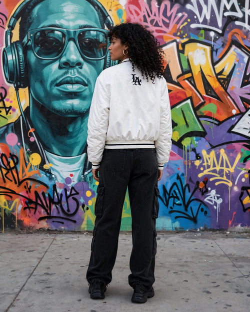 Angeles White with Black Detail Puffa Bomber Jacket - Size XL