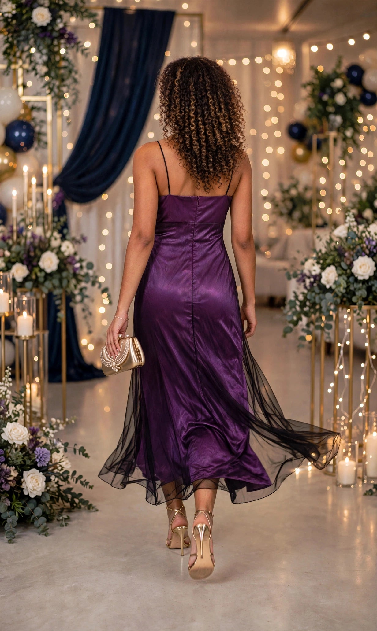 Purple Satin Embroidered Evening Gown - Size 38