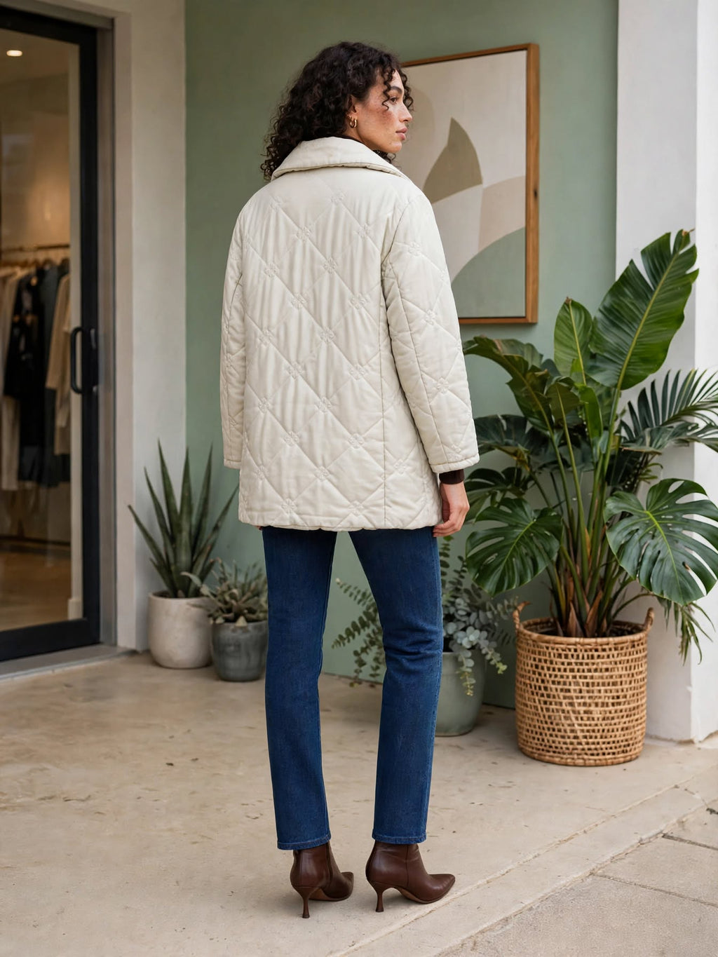 Stone Beige Diamond Quilted Embroidered Jacket - Size Large