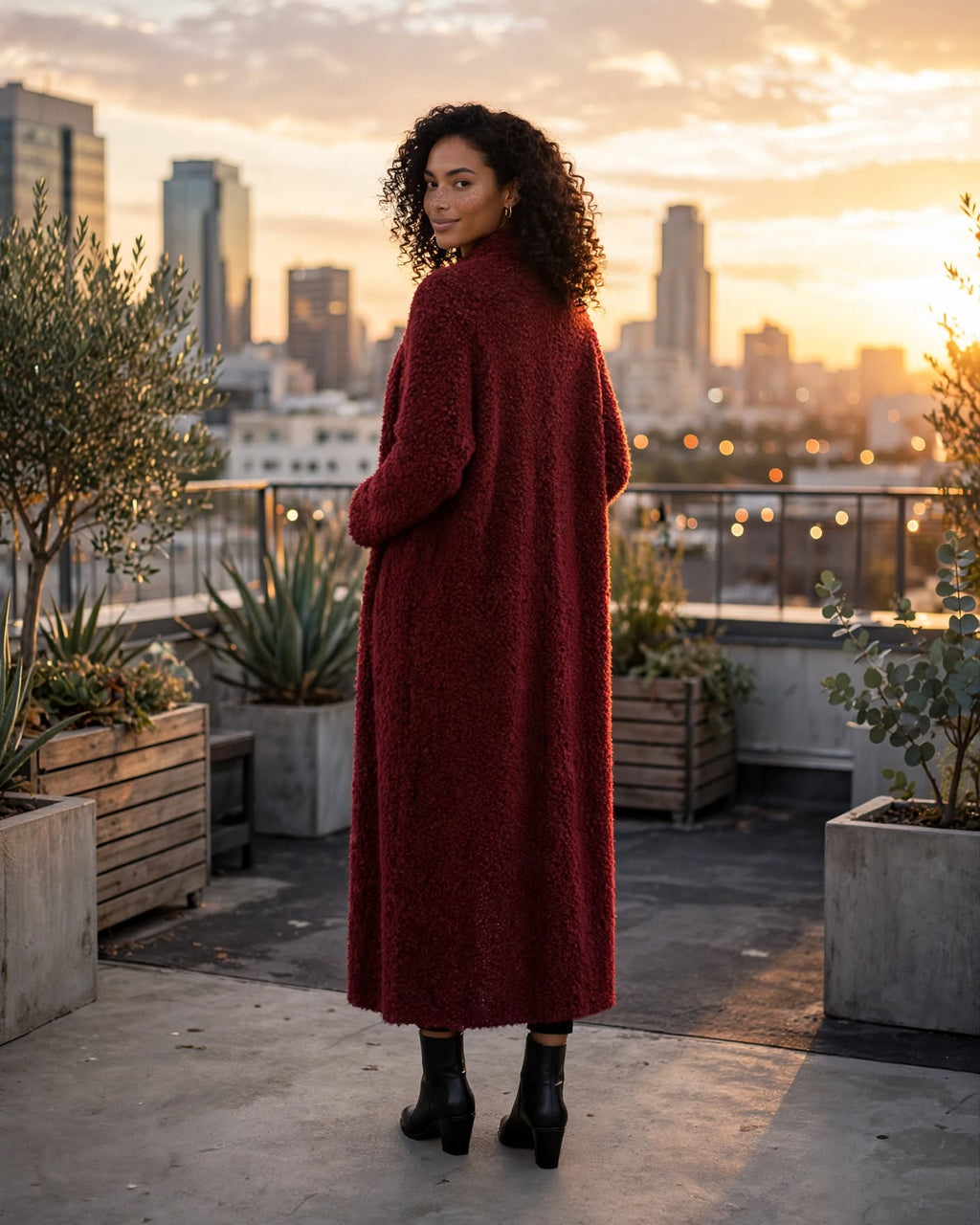 Burgundy Long Bouclé Teddy Duster Cardigan - Size L