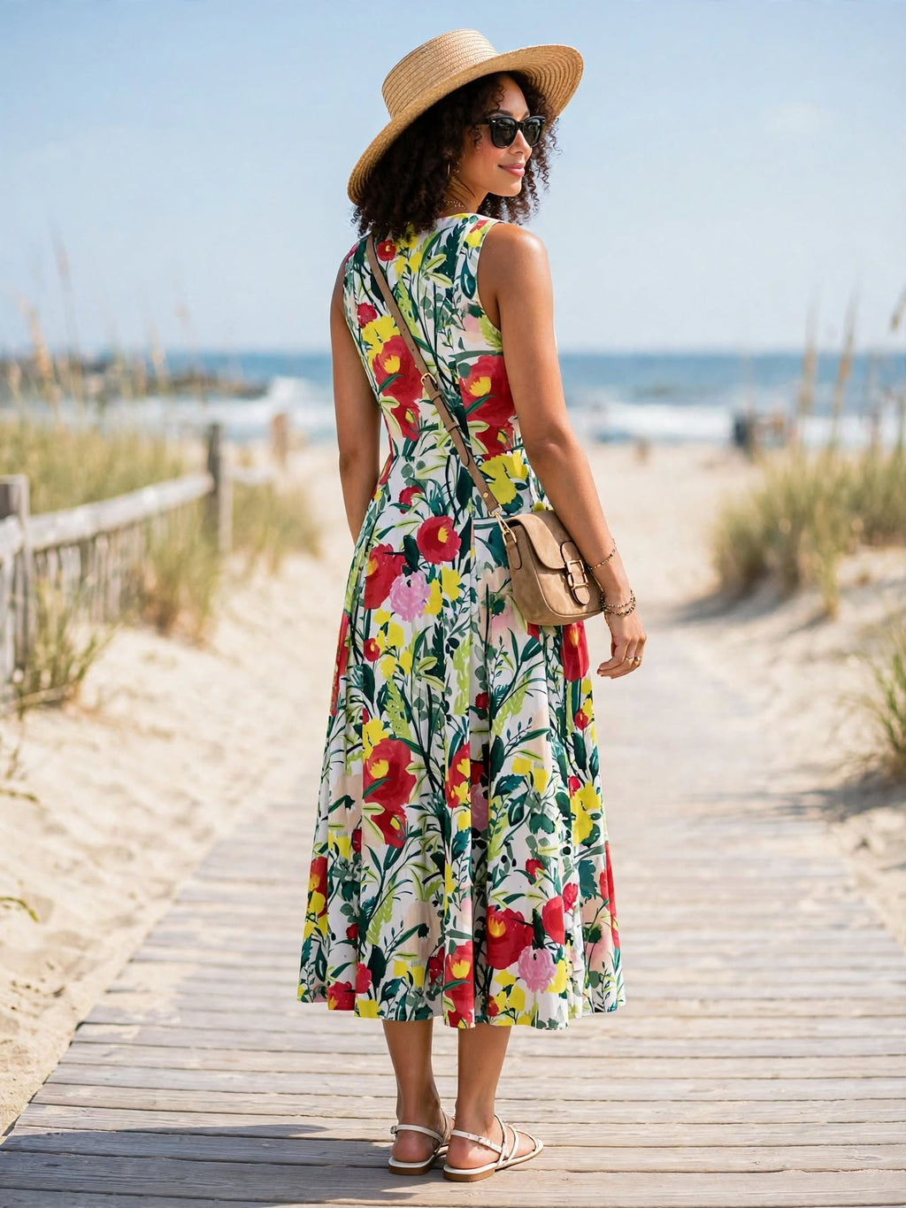 Poetry White Red Yellow Floral Garden Midi Dress - Size 8