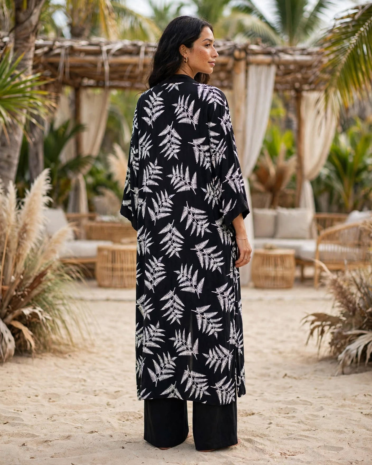 Botanical Black & White Fern Kimono