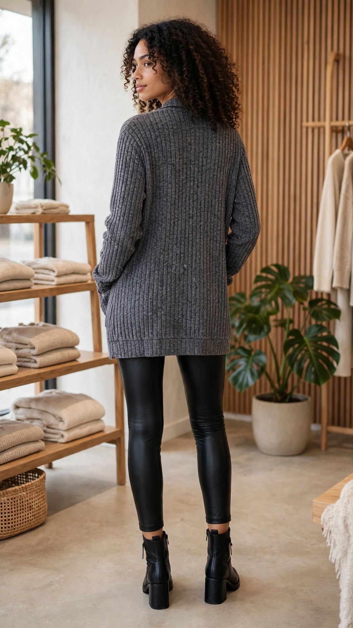 Grey Marl Ribbed Knit Open Cardigan with Pockets - Size Large