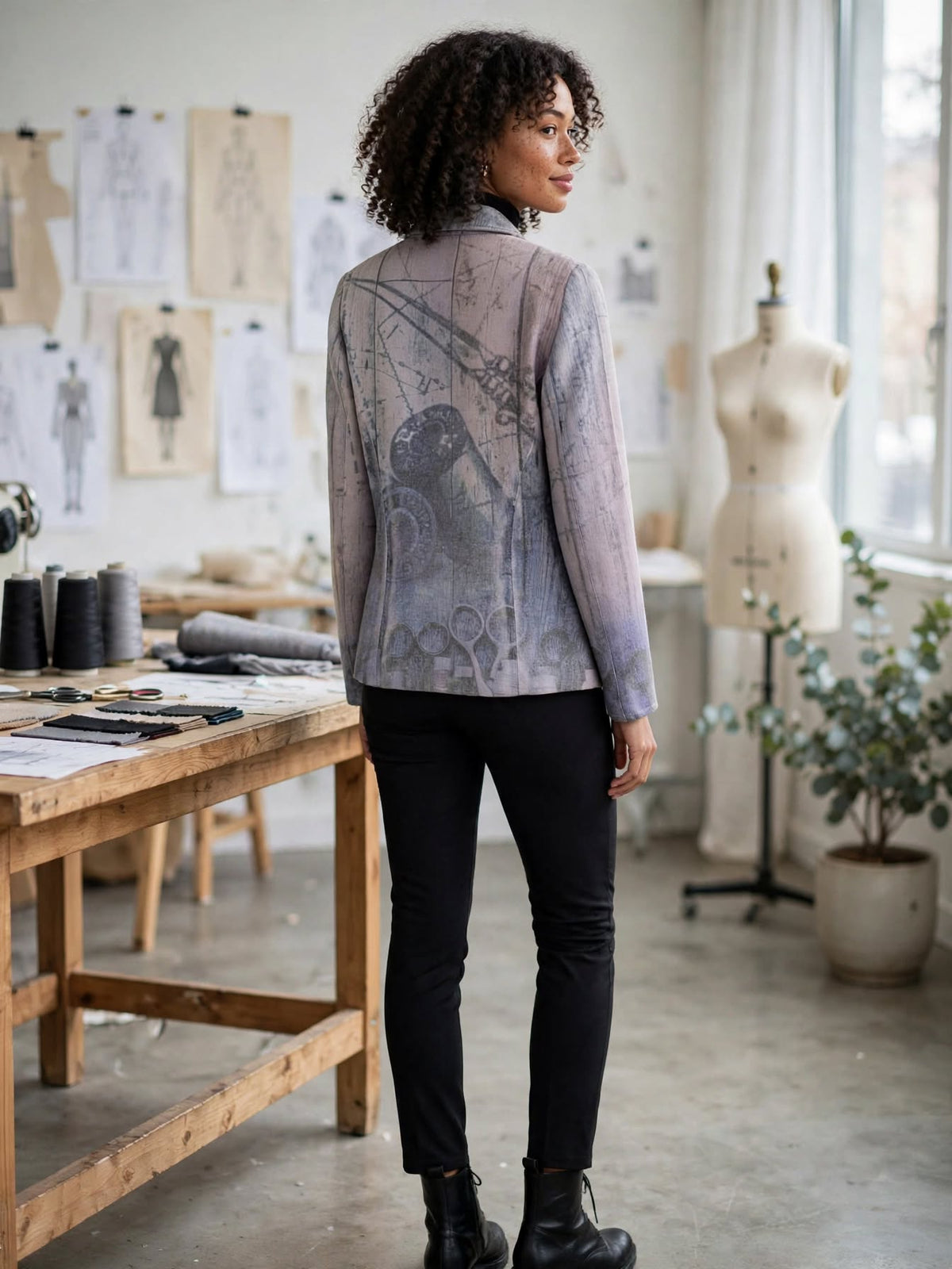 Vintage The Atelier Art Sewing Print Fitted Blazer Jacket - Size 8