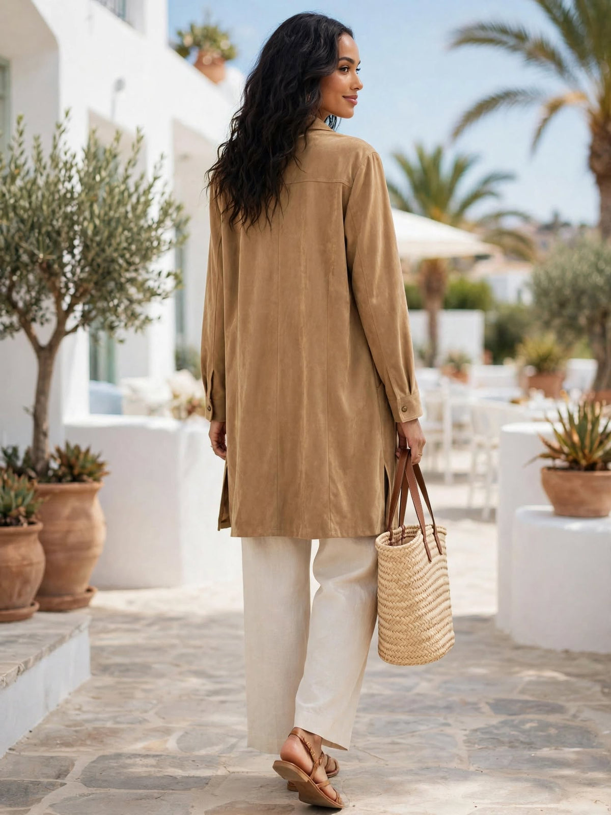 Donna Claire Camel Faux Suede Longline Shirt Jacket - Size 22