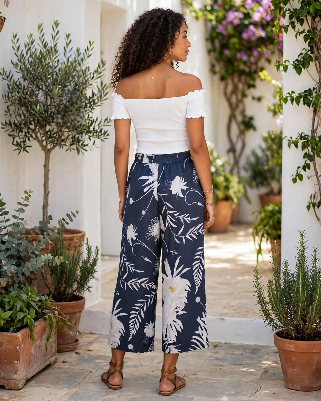 H&M Wide-Leg Navy & White Botanical Bee Floral Culottes - Size 36
