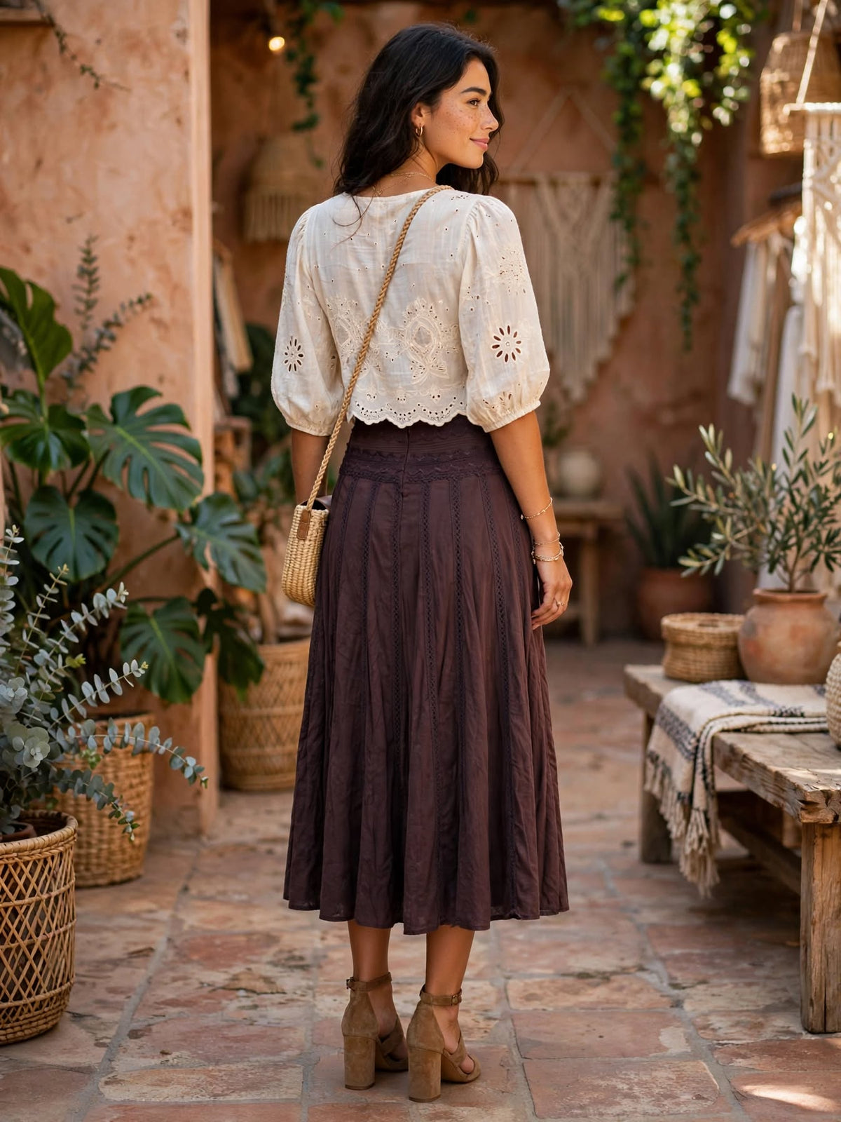 Boho Espresso Brown Lace Yoke Midi Skirt - Size 8