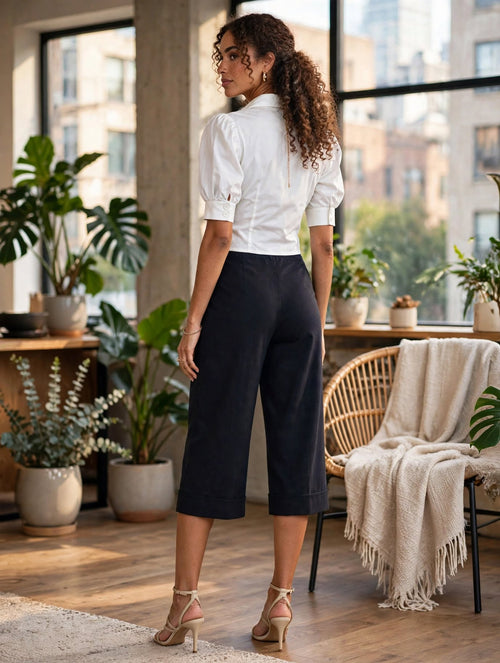 Massumi Black High-Waisted Wide-Leg Cropped Capri Pants - Size 16 / 40