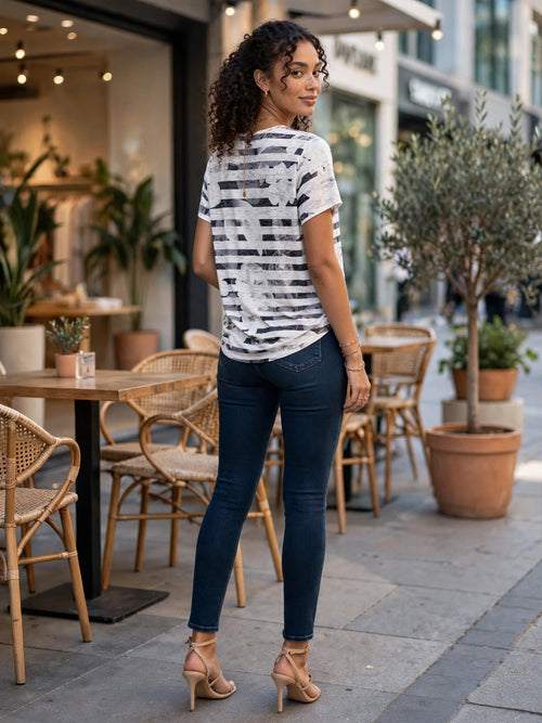 Miladys White & Black Stripe with Pink Floral Blouse - Size Medium