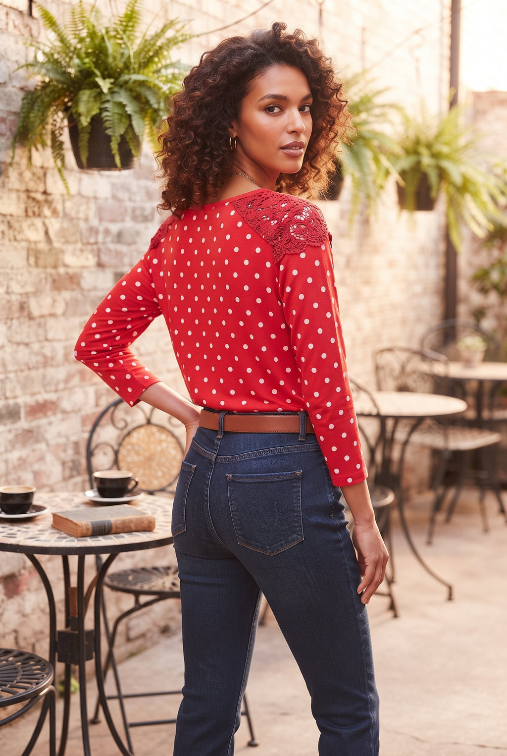 Woolworths Red & White Polka Dot Blouse with Crochet Lace Detail – Size Medium